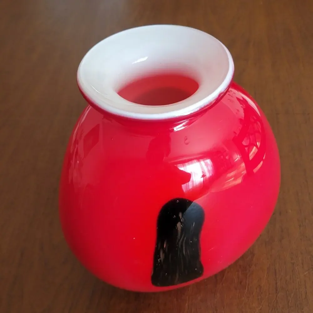 Vintage Tango Glass Vase Red White Cased Art Glass Black Swirl Hand Blown 9